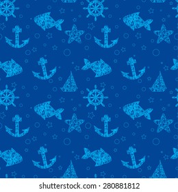 Marine seamless texture.  Set: fish, anchor, helm, boat, starfish. maritime