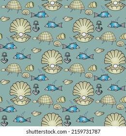 Marine seamless vector background for creating prints, fabrics, textiles, flyers, digital paper, etc. Fish, shells, turtle, pearl seamless summer pattern.