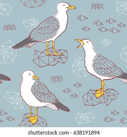 Marine seamless vector background. Summer pattern with seagulls, fishes and rocks.