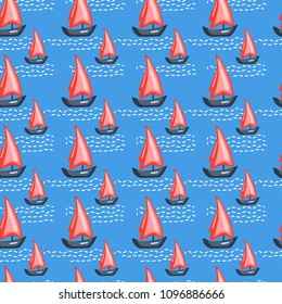 Marine seamless vector pattern, cartoon  sail boat on wave illustration isolated on blue background, summer decorative texture, sea backdrop with red yachts, design for textile, colorful fabric