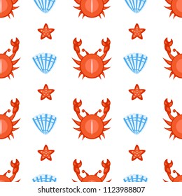 Marine seamless vector pattern cartoon  swimming crab, seashell, starfish illustration isolated on white background, summer decorative texture, design wallpaper, sea backdrop, textile, wrapping paper