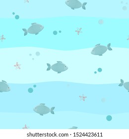 Marine seamless vector pattern with fishes, bubbles and starfish on blue background. For wallpapers, summer decorations, baby shower invitation, fabric, textile and linen print, child pajamas.