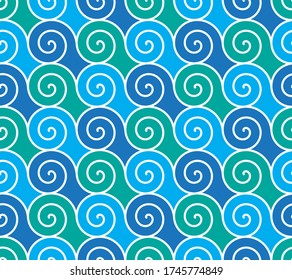 Marine seamless vector pattern in greek style. Modern take on traditional meander ornament. Blue, green and navy waves with white contour. Circular water movement. Perfect for sea and holidays theme.