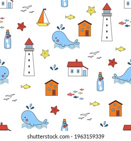 Marine seamless vector pattern for kids textile - lighthouse sailor village, whale, yacht, fishes