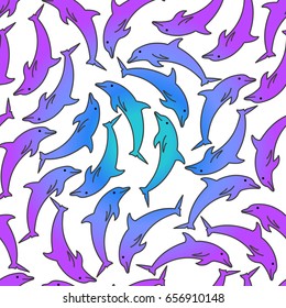 Marine seamless vector pattern. Mosaic of dolphins painted blue and pink gradient on a white background.