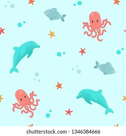 Marine seamless vector pattern with octopus, dolphin, fish and starfish on blue background. For wallpapers, summer decorations, baby shower invitation, fabric, textile and linen print, child pajamas.