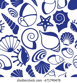 Marine seamless vector pattern with sea shells. Seashell spiral drawing seamless pattern illustration