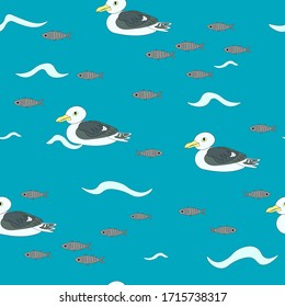 Marine seamless vector pattern.Seagulls,fishes.waves on blue background.Can be used for textile, wrapping,T-shirts ,decor, raincoat, rubber boots.