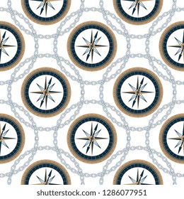 Marine seamless vintage pattern with nautical compass and chain