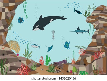 Marine seascape, marine background, under the sea vector illustration with fishes and marine plants.