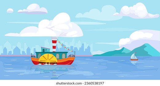 Marine seascape with paddle steamer and sailing boat. Vintage steamboat, retro ship, passenger trip, river travel. American vessel, historic transport. Cityscape with mountain. Vector illustration