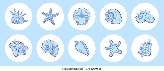 Marine seashell round sticker pack. Line art starfish, shells, coral badges. Hand drawn circular frame labels with sea, ocean themed design.