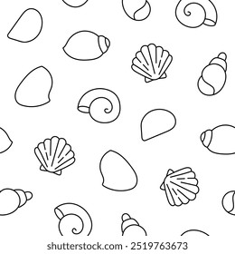 Concha marina. Patrón sin fisuras. Página para colorear. Caracolas submarinas de molusco y caracol de mar. Vacaciones de verano. Estilo dibujado a mano. Dibujo de Vector. Diseña adornos.