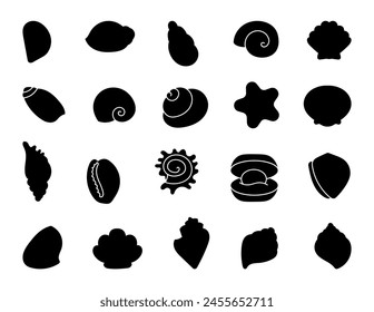 Marine seashell. Silhouette Image. Underwater conches of mollusk and sea snail. Summer vacation. Hand drawn style. Vector drawing. Collection of design elements.