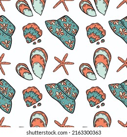 marine seashells vector pattern.
Type of pattern and decoration of the back for textiles, covers and packaging.