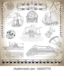 Marine set with ancient and modern ships, antique navigation devices and tools, vignette banners and sea symbols for design of maps, cards, posters. Engraved illustration, old transportation concept