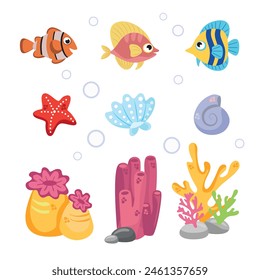 Marine set, anemones, algae and coral in a simple cartoon style. Color graphics for books and posters. children guides