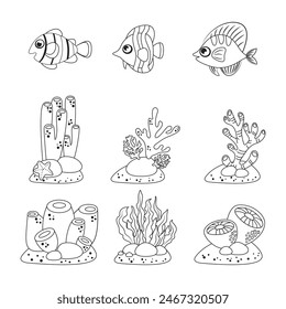 Marine set, anemones, algae and coral in a simple cartoon style. Color graphics for books and posters. children guides.
