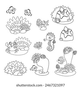 Marine set, anemones, algae and coral in a simple cartoon style. Color graphics for books and posters. children guides. black and white image