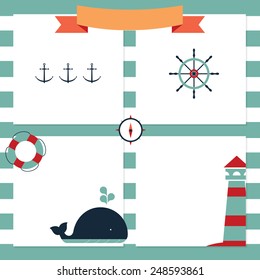 Marine set of banners. include whale, lighthouse, anchor, steering wheel, compass.