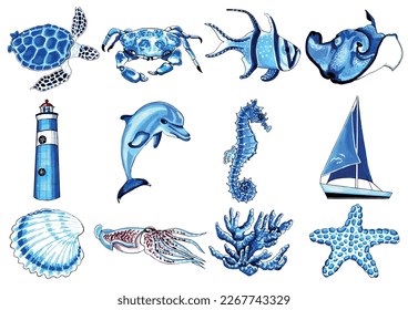 Marine set blue color with underwater life. EPS vector illustration marine animals.