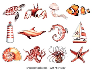 Marine set brown-orange color with underwater life. EPS vector illustration marine animals.
