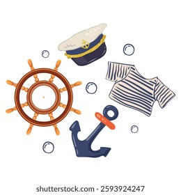 Marine set with captain's hat, anchor, striped sailor suit and steering wheel. Trendy print on a nautical theme with elements for yachting. Vector isolated illustration.