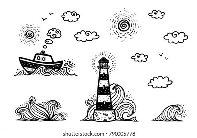 Marine set in cartoon doodles style: ship, lighthouse, waves, sun and clouds