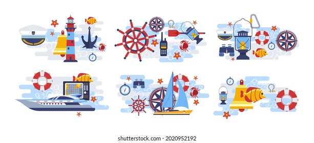 Marine set with cartoon elements, isolated on white vector illustration. Nautical transport equipment collection, compass and sailboat wheel. Fish in ocean water design, ship navigation technology.