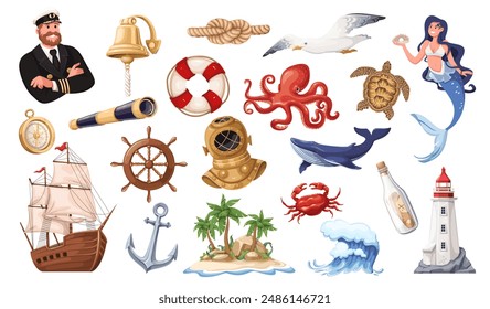 Marine set, cartoon sea elements, old nautical equipment of ship and characters. Vintage wooden boat and ship navigation objects, underwater animals in cute cartoon collection vector illustration