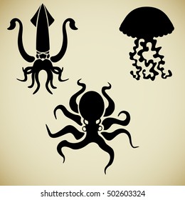 Marine set consisting of a stylized outline octopus, squid and jellyfish on a beige background
