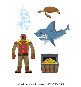 Marine set a diver and shark. Sea turtle and treasure chest. Vector icons inhabitants of ocean.
