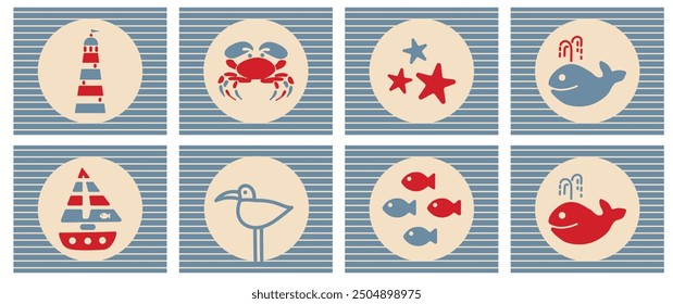 Marine set of elements on a striped background. Lighthouse, seagull, fish, starfish, ship, whale, crab. Vector images in one style. For clothes, wallpaper, wrapping paper, textiles