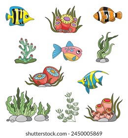 Marine-Set, Fisch, Anemonen, Algen und Korallen im einfachen Cartoon-Stil. Farbgrafiken für Bücher und Poster. Kinderführer