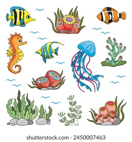 Marine set, fish, anemones, algae and coral in simple cartoon style. Color graphics for books and posters. children guides