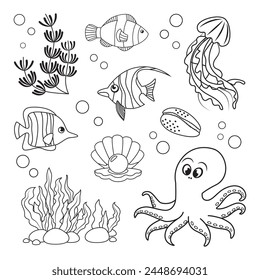 Marine set, fish, octopus, jellyfish and shells in simple linear style. Black and white graphics for books and posters
