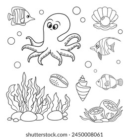 Marine set, fish, octopus, jellyfish and shells in simple linear style. Black and white graphics for books and posters
