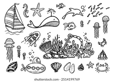 Marine set hand drawn doodle. Fish animals living in sea ocean. Dolphin, whale, jellyfish, crab. Rest on yacht. Fishing on boat. Diving coral reef under water. Vector sketch line art illustration.