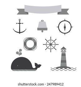 Marine set of icons. monochrome version. includes a lighthouse, whale, bell, compass, circle, wheel