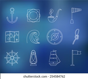 Marine set of linear icons on blue blurred background.
