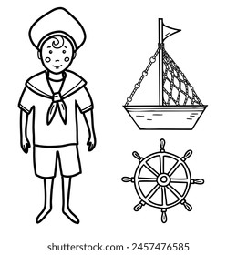 Marine set of little sailor boy, cute ship, boat and steering wheel illustration in doodle style isolated.