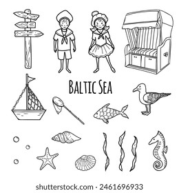 Marine Set of little Sailor Boy and Girl, cute Ship, Boat and Fishing Net. Sea Shells, Star, Seahorse and Fish. Hooded beach Chair from Baltic or north Sea, wooden Signpost and cute Seagull. Isolated