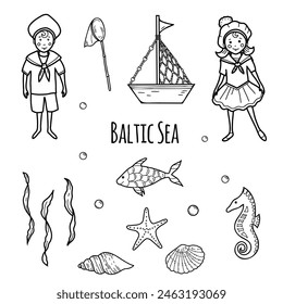 Marine Set of little Sailor Boy and Girl, cute Ship, Boat and Fishing Net. Sea Shells, Star, Seahorse and Fish. Underwater set of seaweeds, laminaria algae and water bubbles. Isolated illustration in