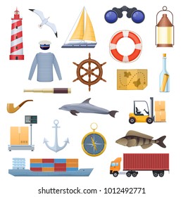 Marine set of objects, icons, logos. Travel, navigation, tourism. Sea adventure. Lighthouse, sailor's clothes, sailboat, dolphin anchor ship symbols of compass telescope Vector illustration