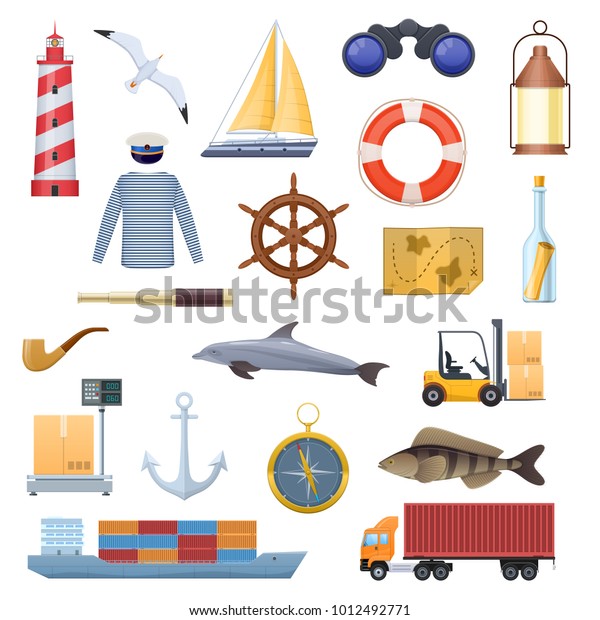 Marine set of objects, icons, logos. Travel,\
navigation, tourism. Sea adventure. Lighthouse, sailor\'s clothes,\
sailboat, dolphin anchor ship symbols of compass telescope Vector\
illustration