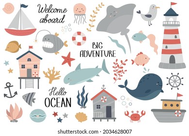Marine set. Ocean life. Underwater world. Lighthouse, seagull, boat, beach house, shark, stingray, jellyfish, fish, corals, seaweed, shells, steering wheel, lifebuoy, pearl, crab. Vector illustration