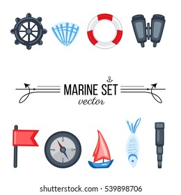 Marine set red flag, steering wheel, compass, ship, seashell, fish, binoculars, spyglass isolated on white background, decorative vector sea colorful elements for  design advertising, greeting card