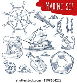 Marine set sailing and ship voyage objects sketches