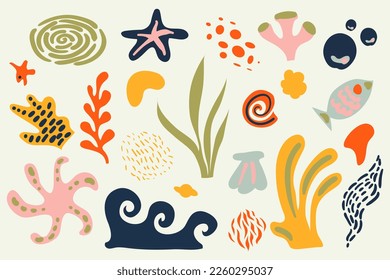 Marine set with sea shells. Collection of seabed flora and fauna design elements. Modern doodle elements, hand drawn scribble set, contemporary vector illustration. Abstract organic shapes.