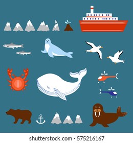 Marine set seagulls, salmon, whale, seal, walrus, ship, volcano, geyser, helicopter, crab isolated on white background, decorative vector sea colorful elements for design advertising, greeting card